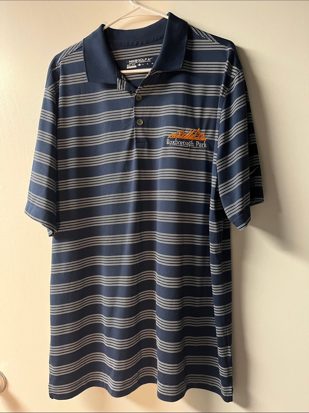 Nike Men's Navy and White Striped Polo - Roxborough Park Logo